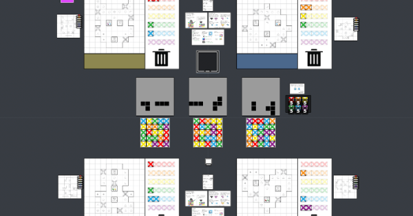 Four player boards that look like cross stitch patterns of different designs arranged around 3 central piles of X tiles